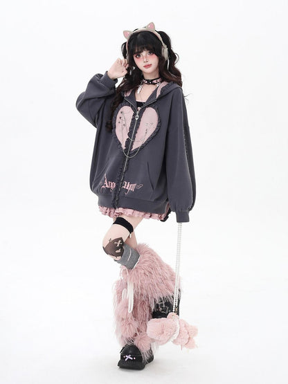 Crazy Girl Striped Rabbit Ear Hooded Long Sleeve Loose Fit Women&