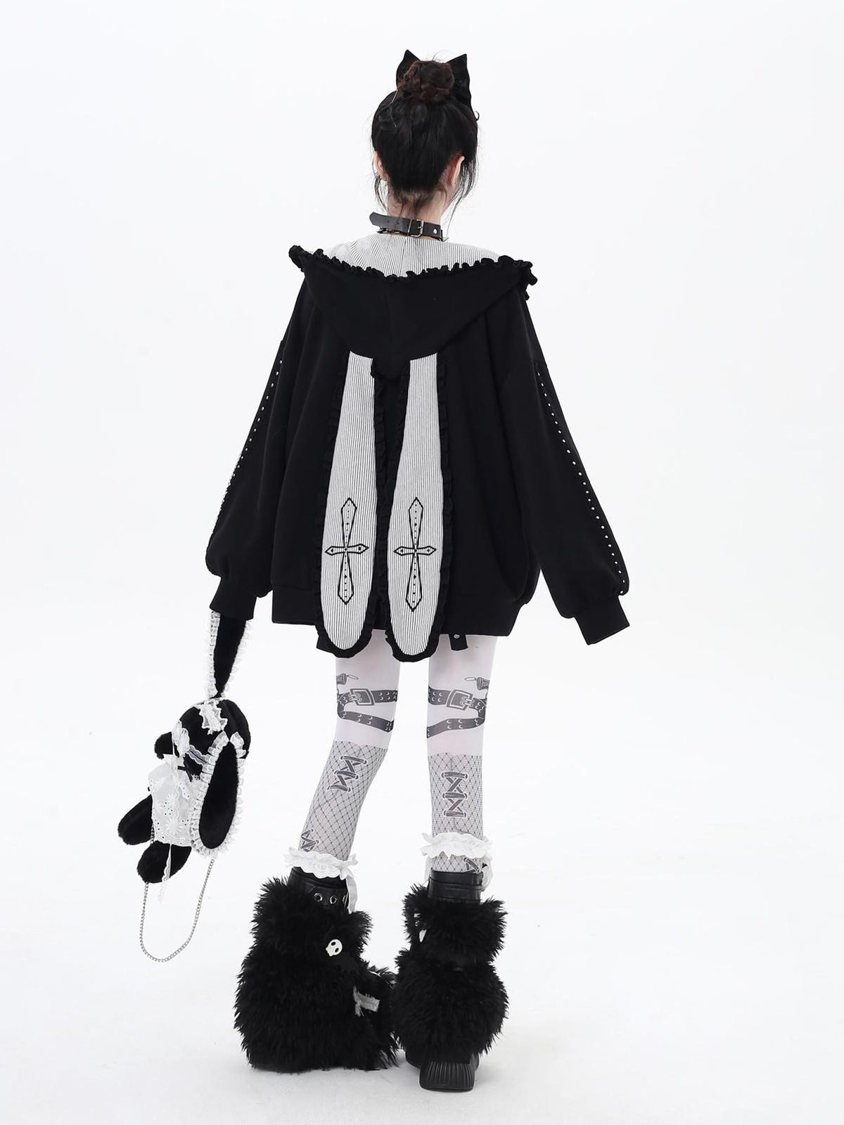 Crazy Girl Striped Rabbit Ear Hooded Long Sleeve Loose Fit Women&