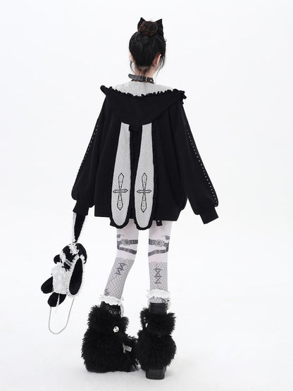 Crazy Girl Striped Rabbit Ear Hooded Long Sleeve Loose Fit Women&