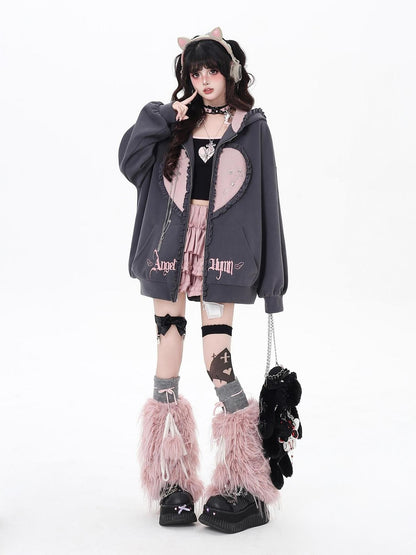 Crazy Girl Striped Rabbit Ear Hooded Long Sleeve Loose Fit Women&