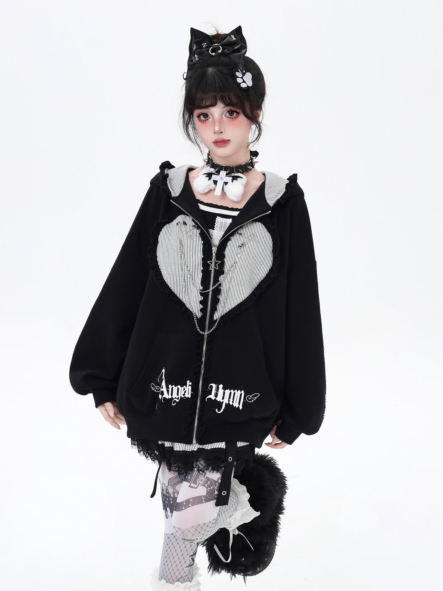 Crazy Girl Striped Rabbit Ear Hooded Long Sleeve Loose Fit Women&