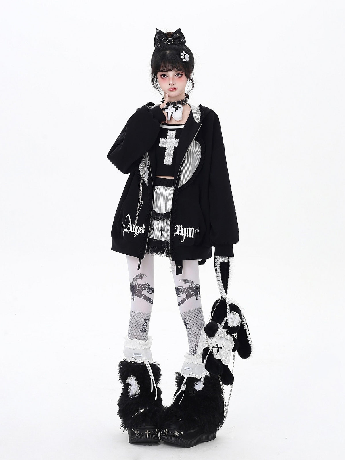 Crazy Girl Striped Rabbit Ear Hooded Long Sleeve Loose Fit Women&