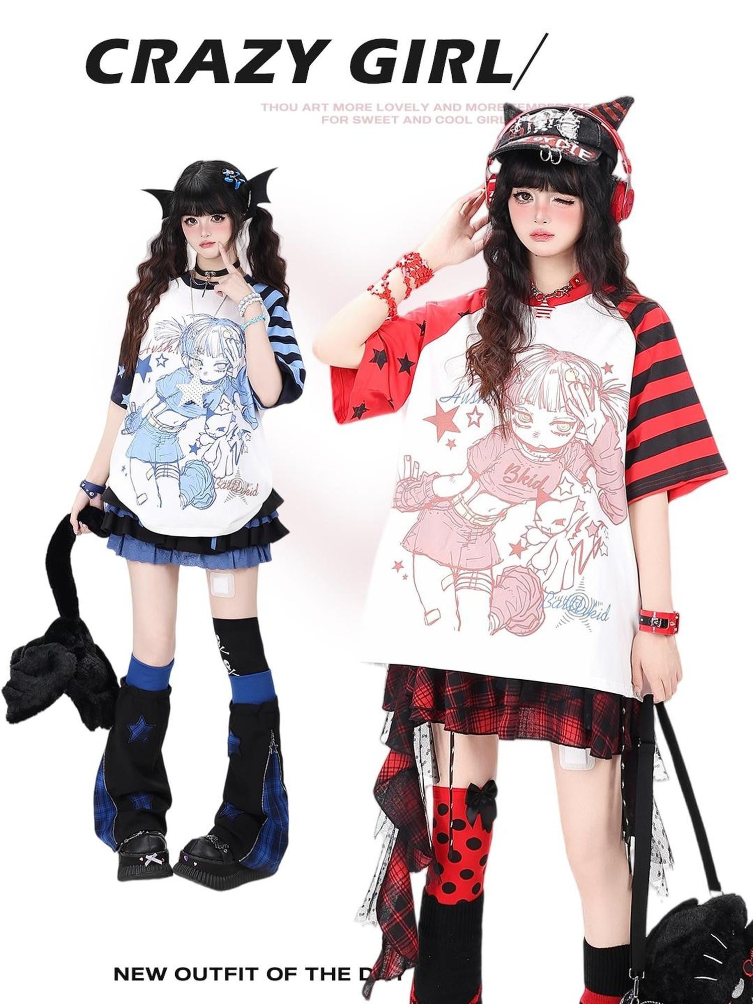 Crazy Girl Striped Star Cartoon Raglan Patchwork Women&