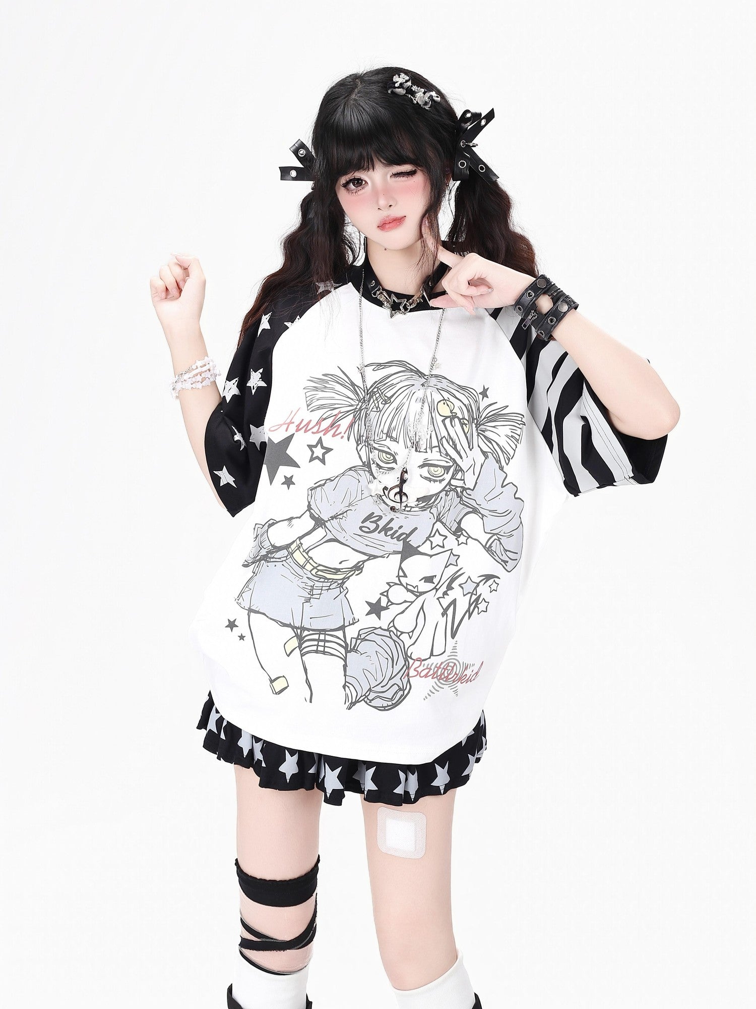 Crazy Girl Striped Star Cartoon Raglan Patchwork Women&
