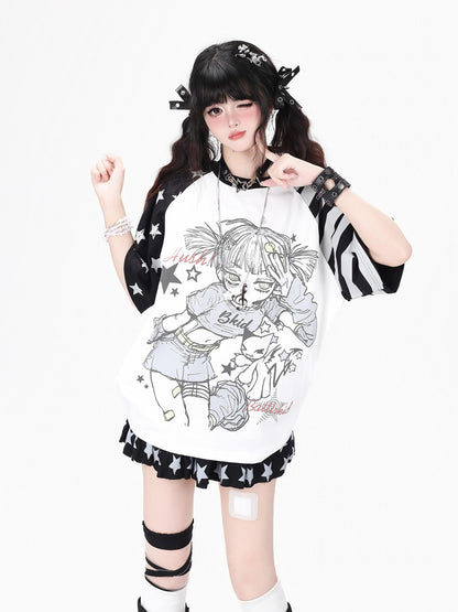Crazy Girl Striped Star Cartoon Raglan Patchwork Women&