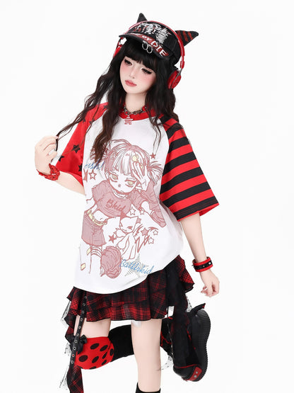 Crazy Girl Striped Star Cartoon Raglan Patchwork Women&