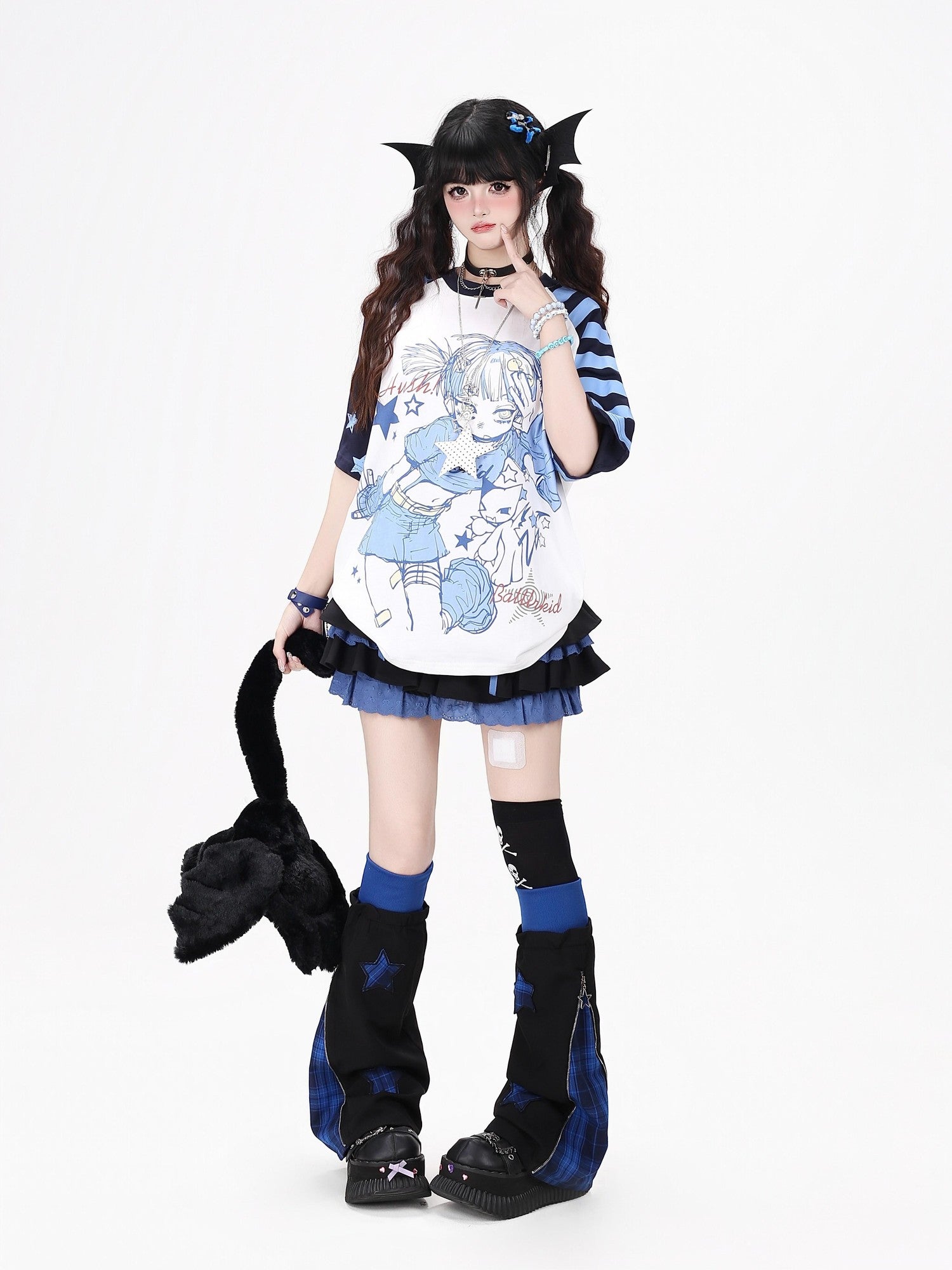 Crazy Girl Striped Star Cartoon Raglan Patchwork Women&