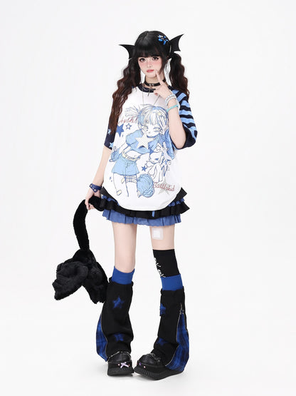 Crazy Girl Striped Star Cartoon Raglan Patchwork Women&