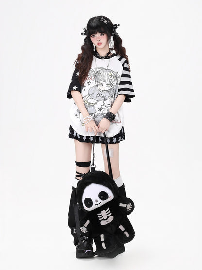 Crazy Girl Striped Star Cartoon Raglan Patchwork Women&
