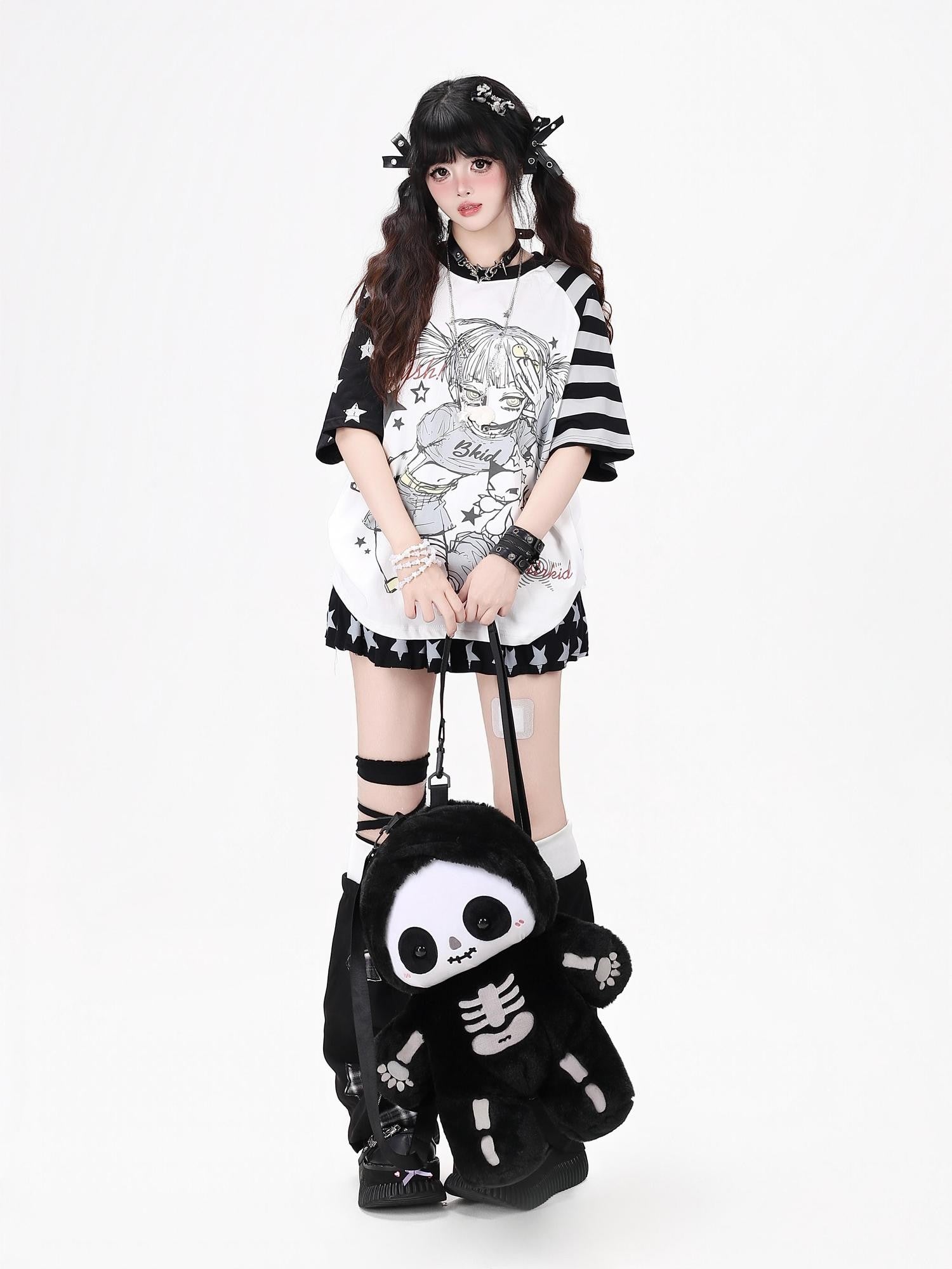 Crazy Girl Striped Star Cartoon Raglan Patchwork Women&