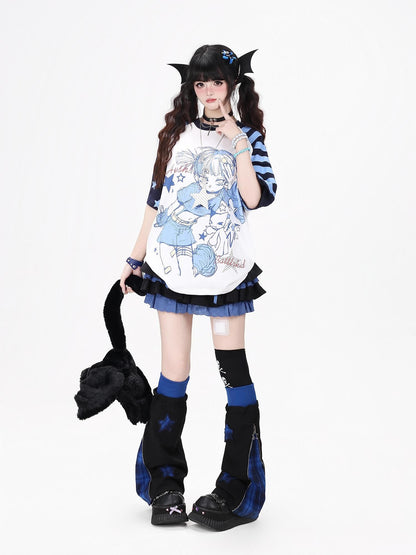 Crazy Girl Striped Star Cartoon Raglan Patchwork Women&