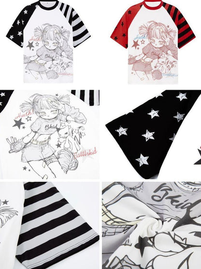 Crazy Girl Striped Star Cartoon Raglan Patchwork Women&