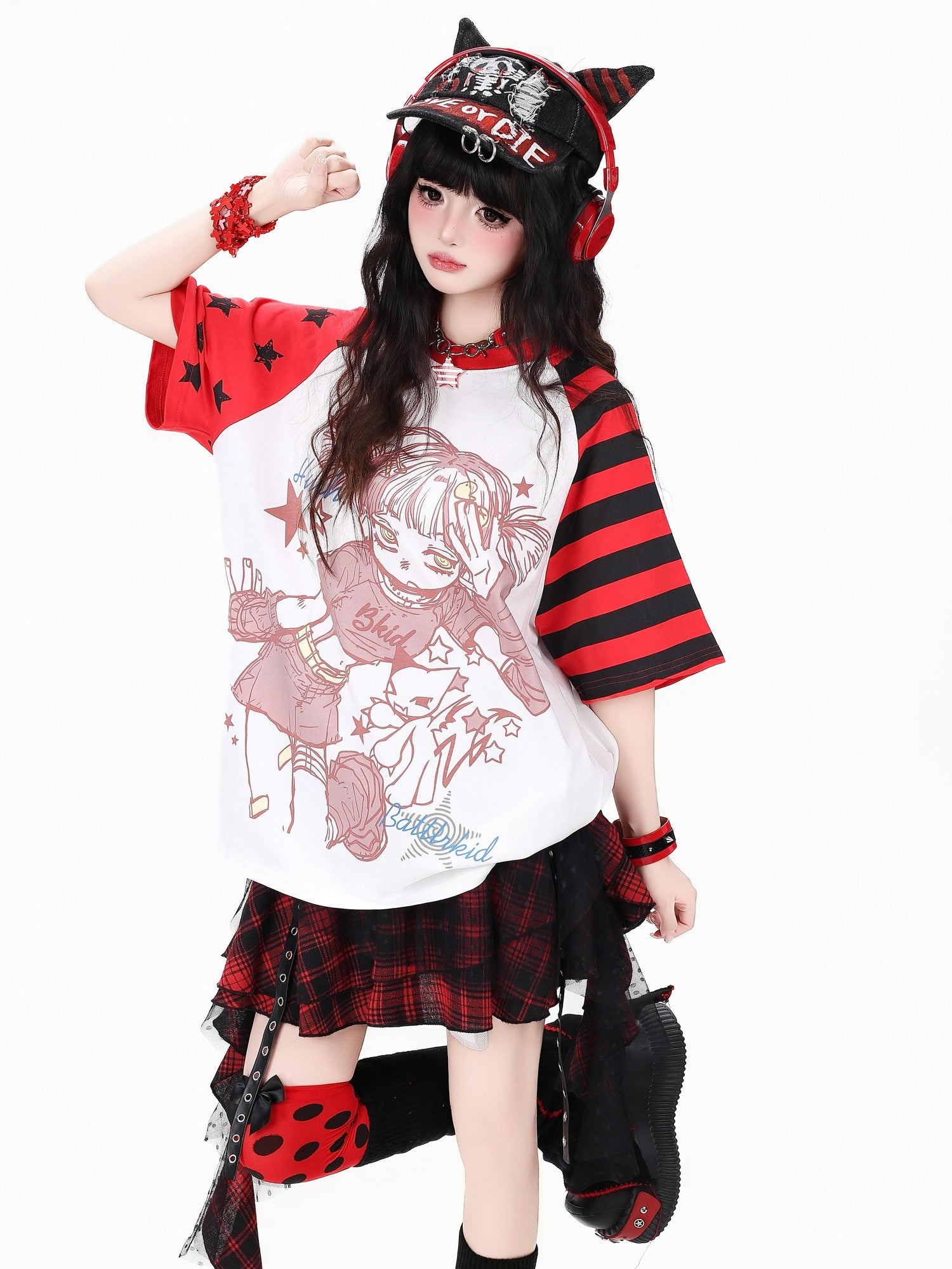 Crazy Girl Striped Star Cartoon Raglan Patchwork Women&