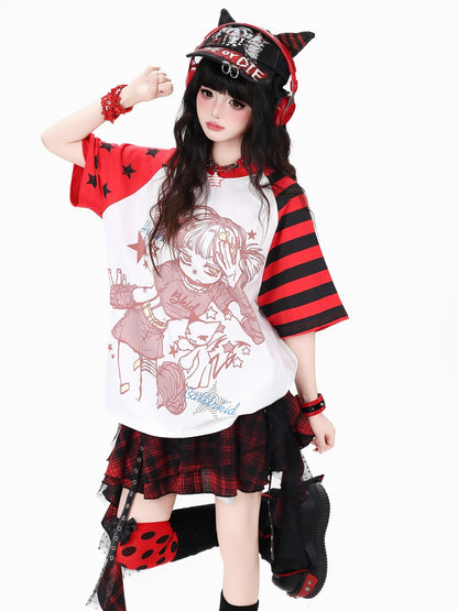 Crazy Girl Striped Star Cartoon Raglan Patchwork Women&