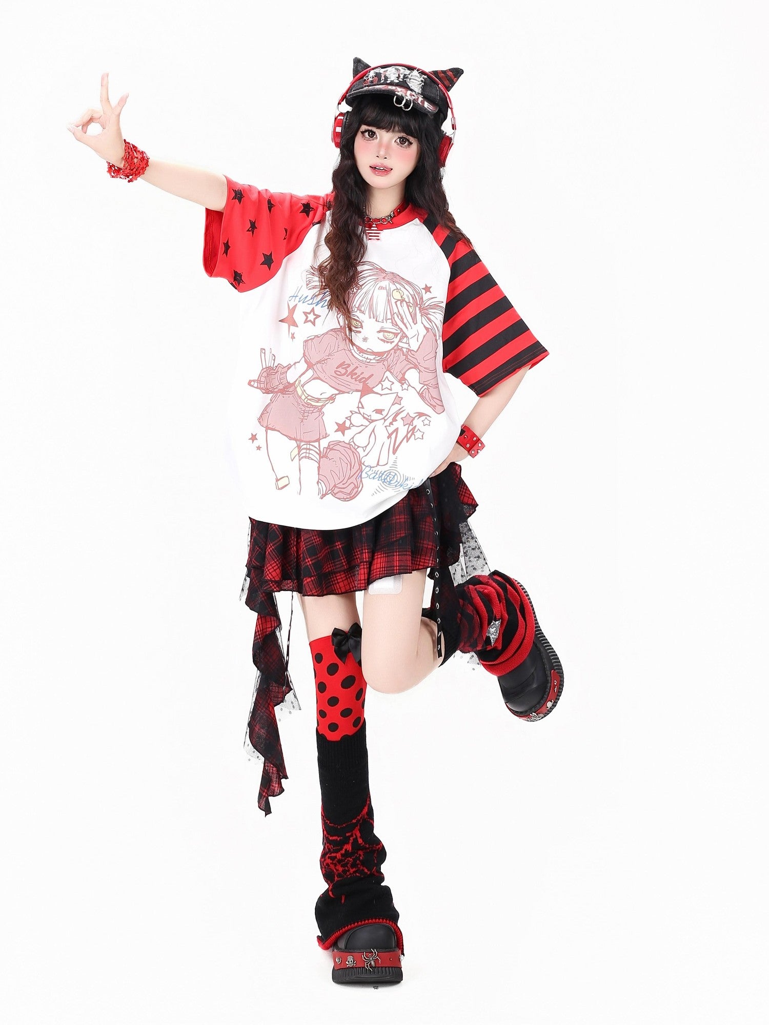 Crazy Girl Striped Star Cartoon Raglan Patchwork Women&