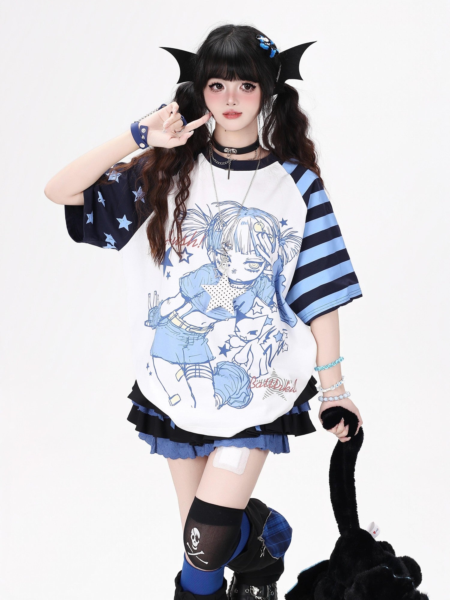 Crazy Girl Striped Star Cartoon Raglan Patchwork Women&