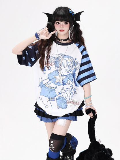 Crazy Girl Striped Star Cartoon Raglan Patchwork Women&