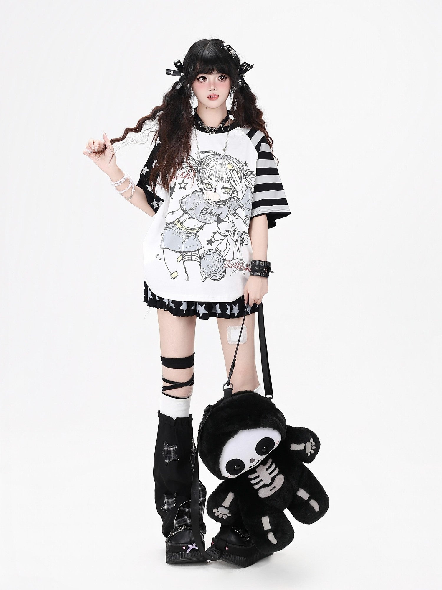 Crazy Girl Striped Star Cartoon Raglan Patchwork Women&