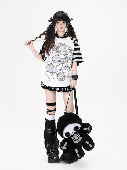 Crazy Girl Striped Star Cartoon Raglan Patchwork Women&