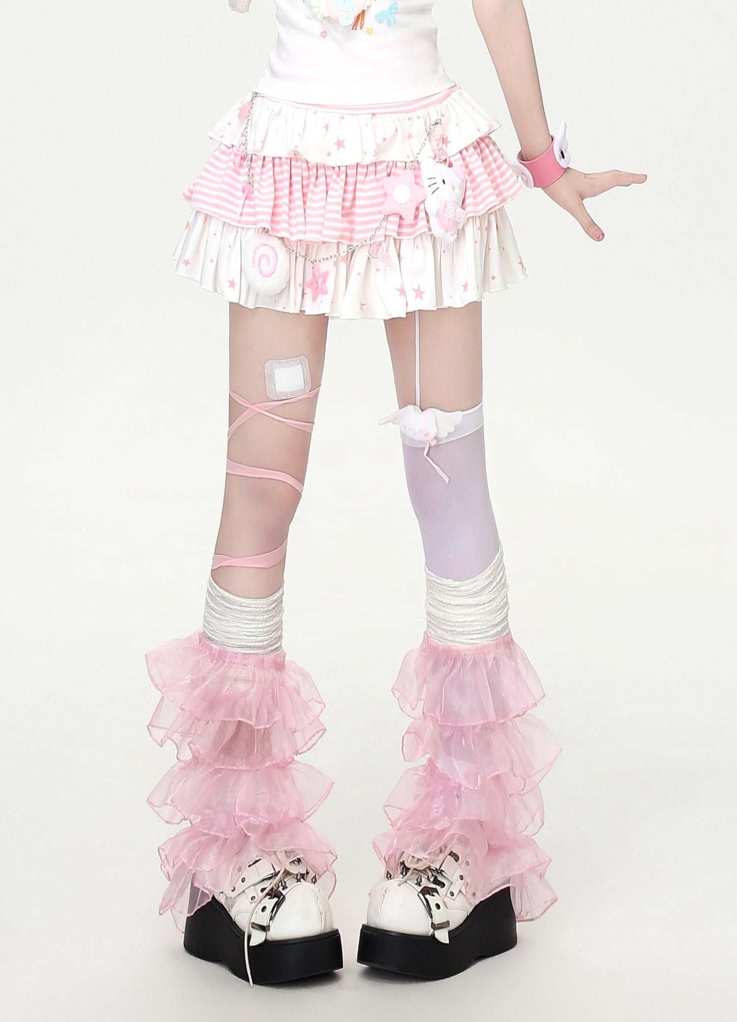 Crazy_Girl_Striped_Star_Print_Faux_Slit_Ruffled_High_Waist_Women&