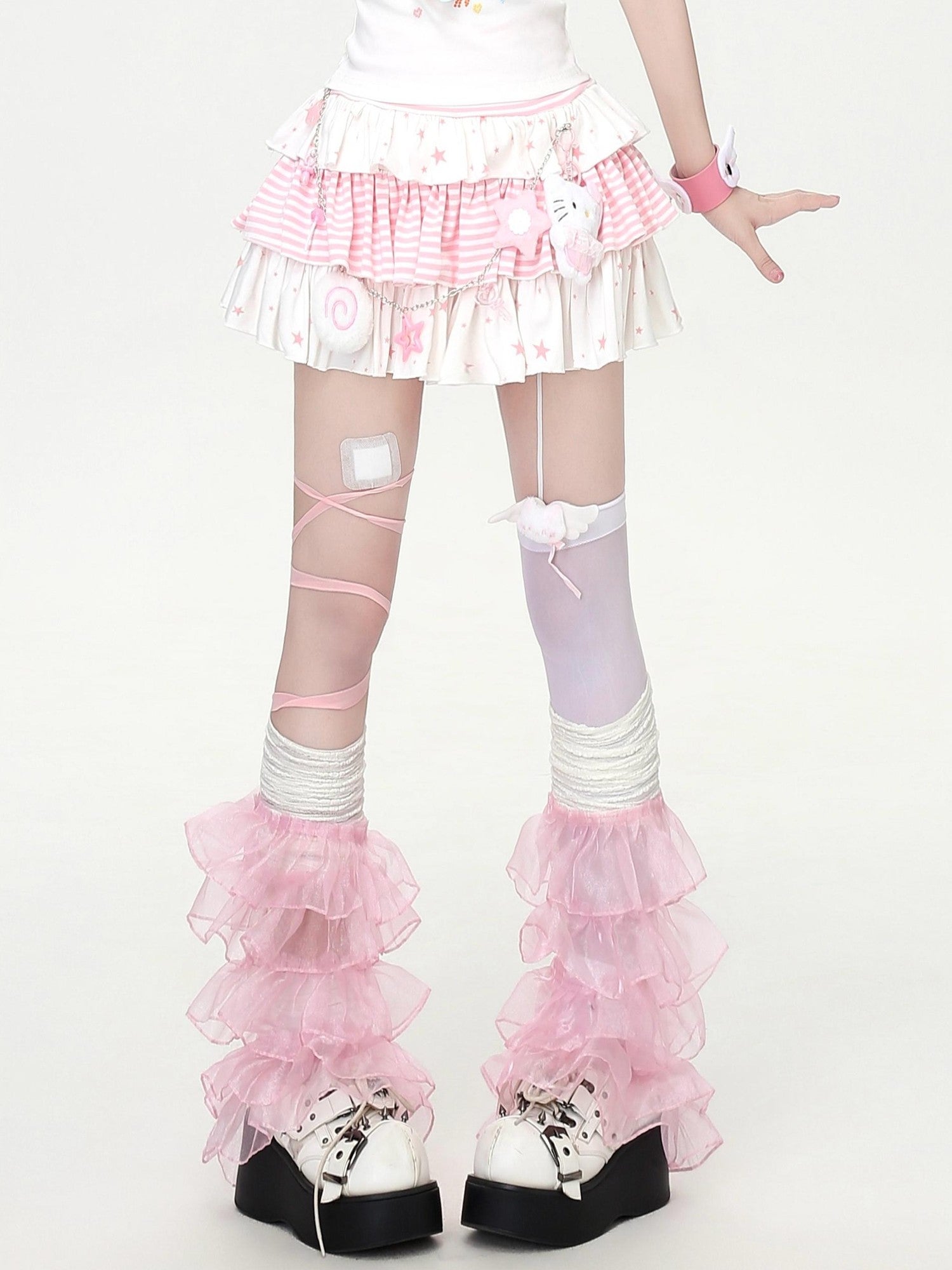 Crazy Girl Striped Star Print Faux Slit Ruffled High Waist Women&
