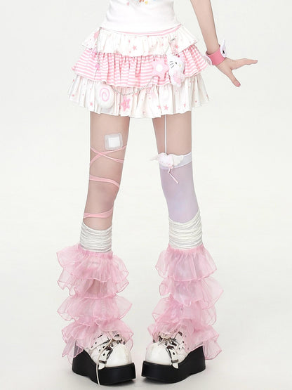 Crazy Girl Striped Star Print Faux Slit Ruffled High Waist Women&