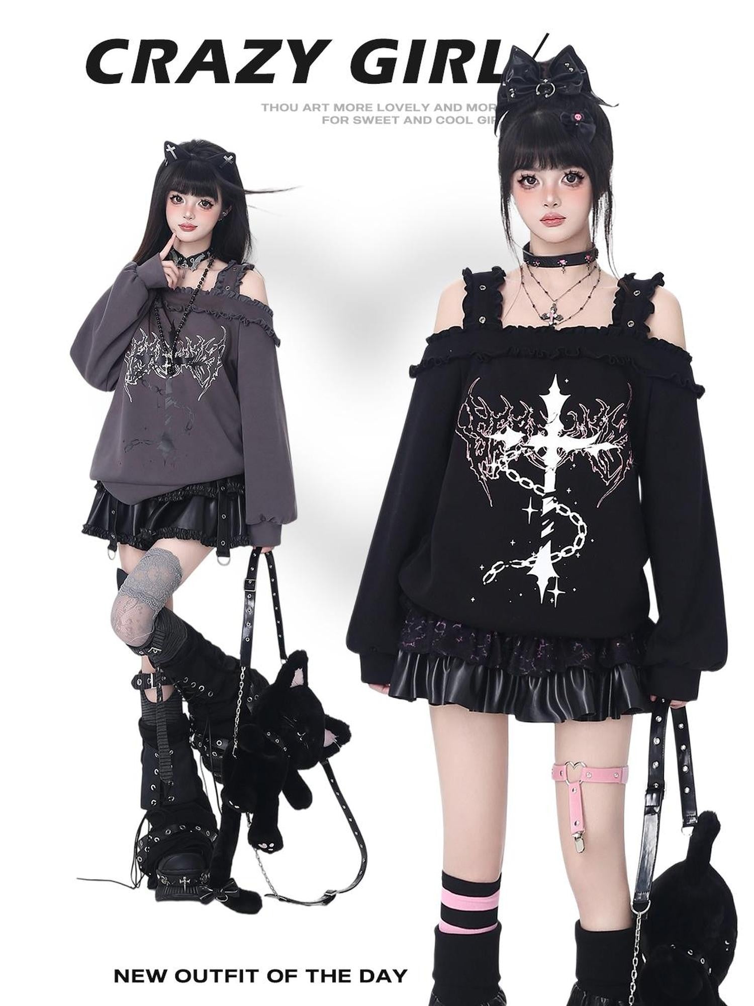 Crazy Girl Subculture Cross Lace Off Shoulder Women&
