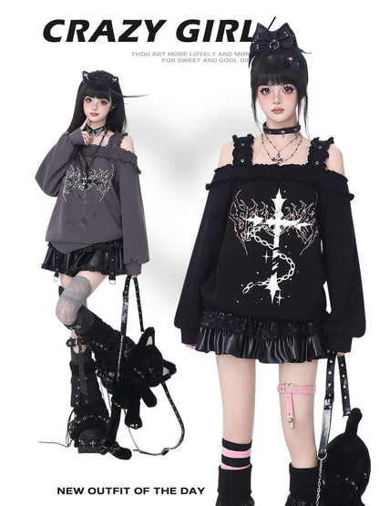 Crazy Girl Subculture Cross Lace Off Shoulder Women&