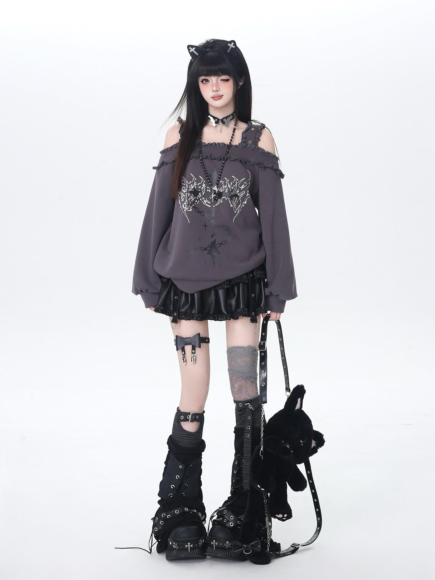 Crazy Girl Subculture Cross Lace Off Shoulder Women&
