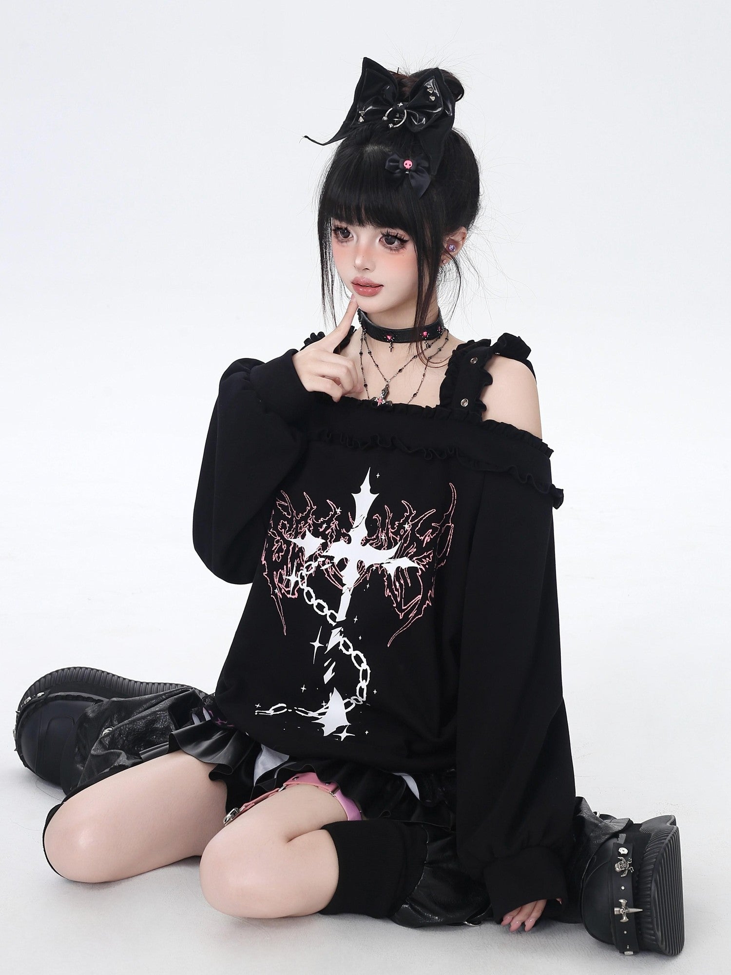 Crazy Girl Subculture Cross Lace Off Shoulder Women&