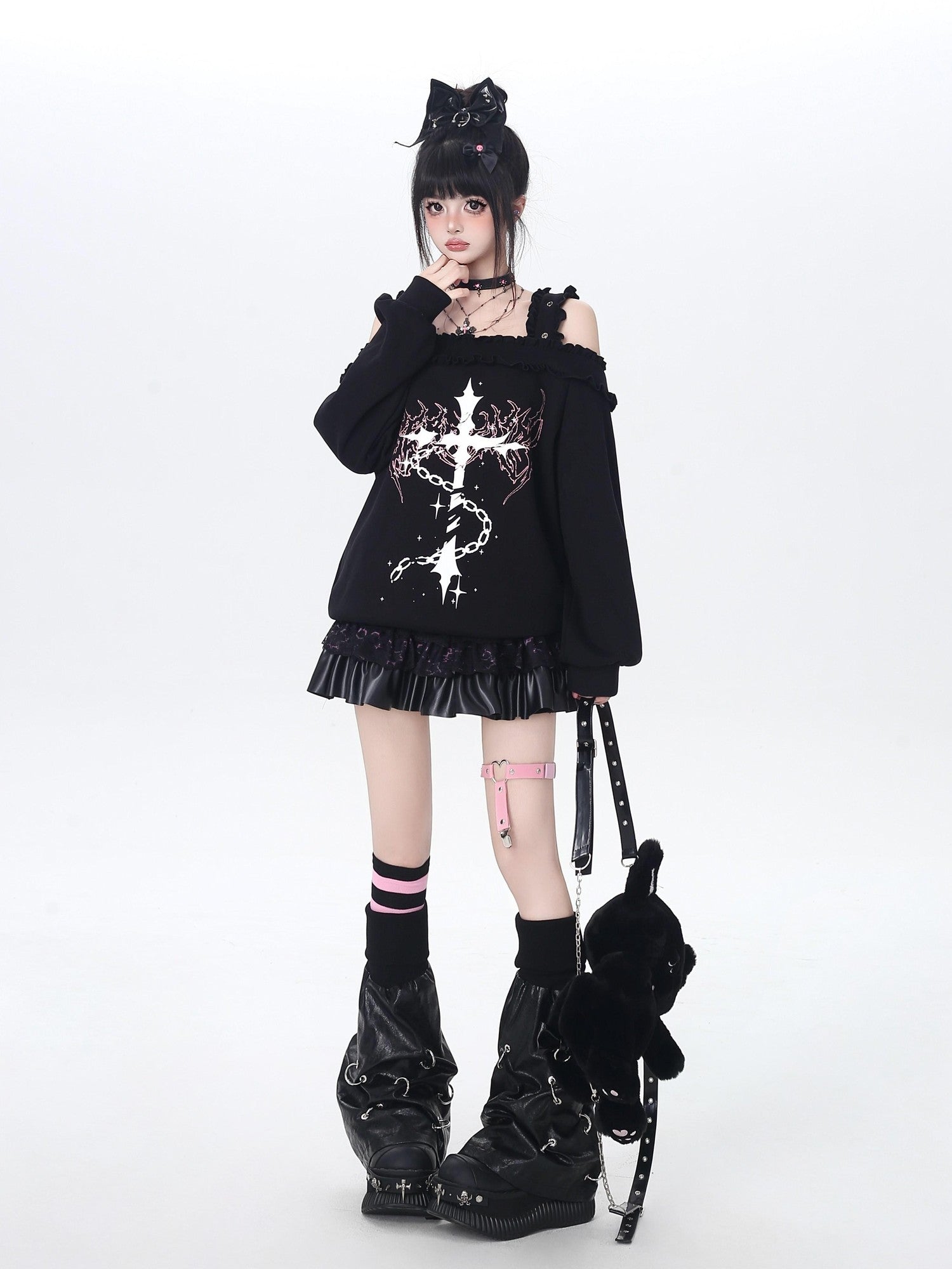 Crazy Girl Subculture Cross Lace Off Shoulder Women&