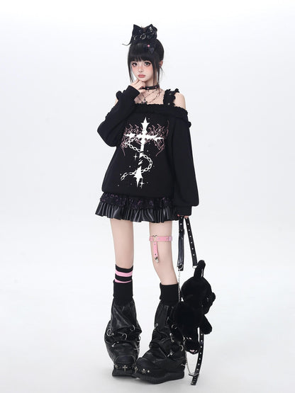 Crazy Girl Subculture Cross Lace Off Shoulder Women&