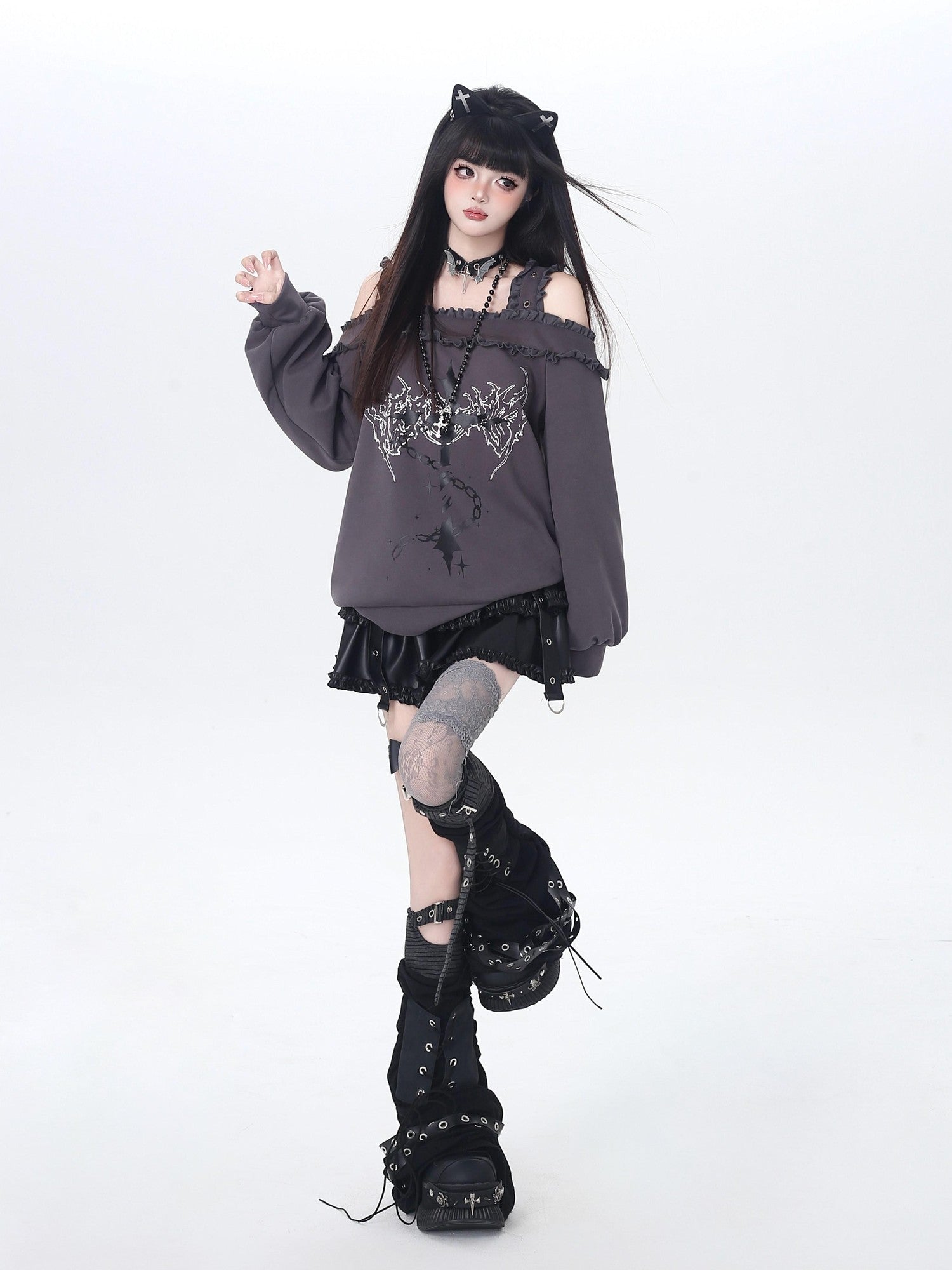 Crazy Girl Subculture Cross Lace Off Shoulder Women&