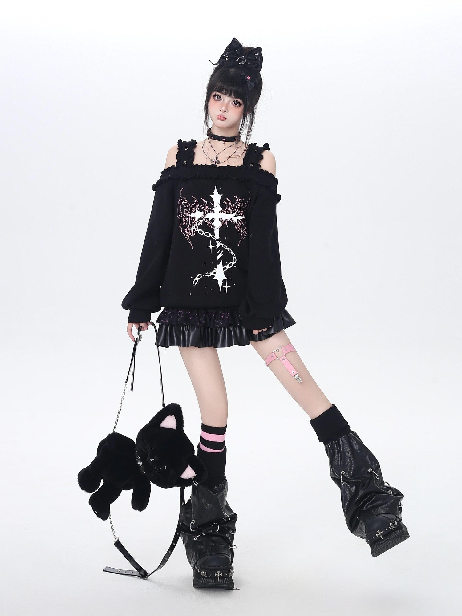 Crazy Girl Subculture Cross Lace Off Shoulder Women&