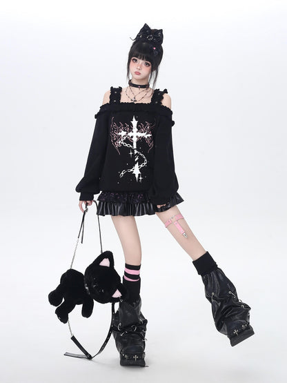 Crazy Girl Subculture Cross Lace Off Shoulder Women&