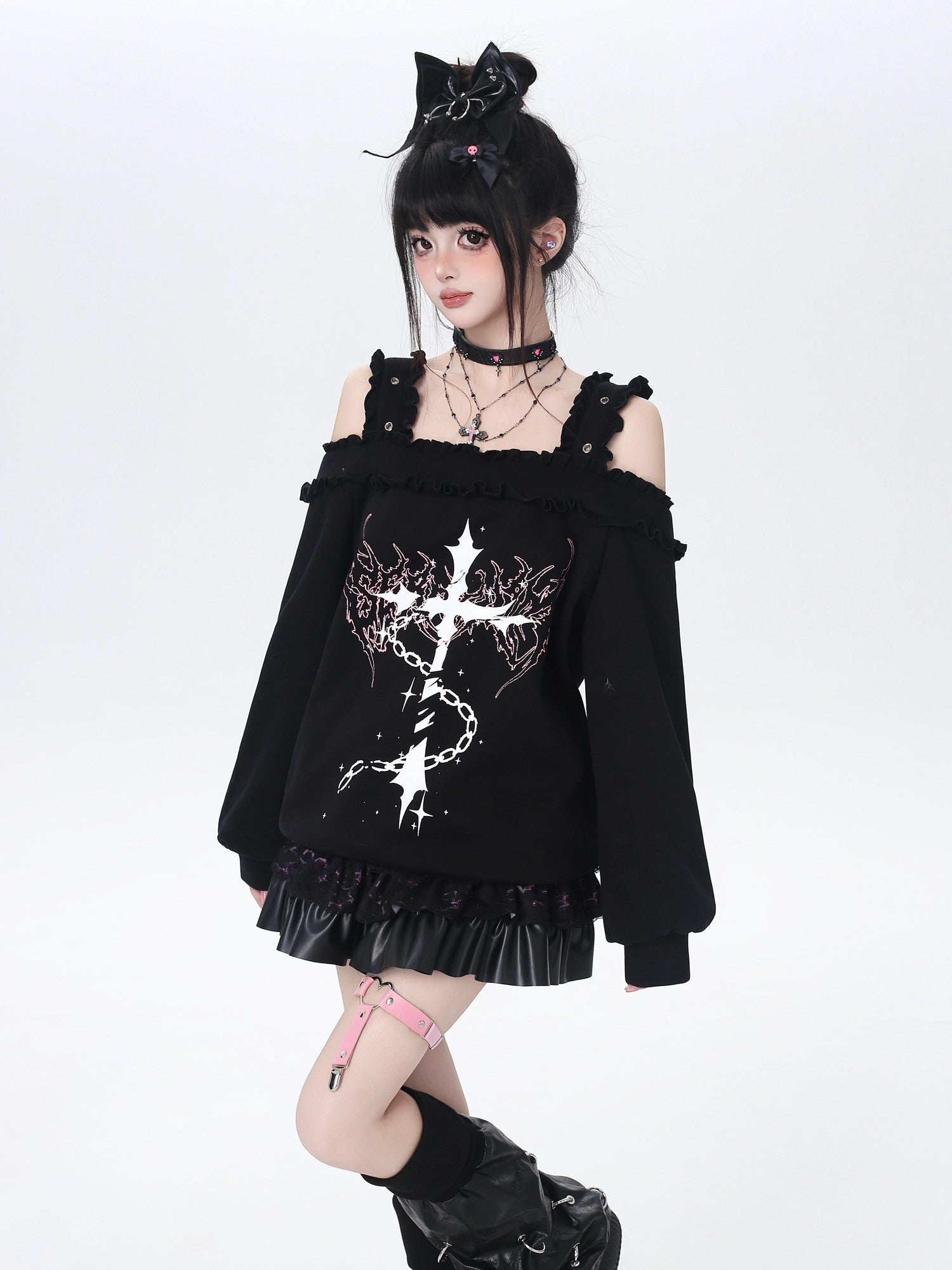 Crazy Girl Subculture Cross Lace Off Shoulder Women&