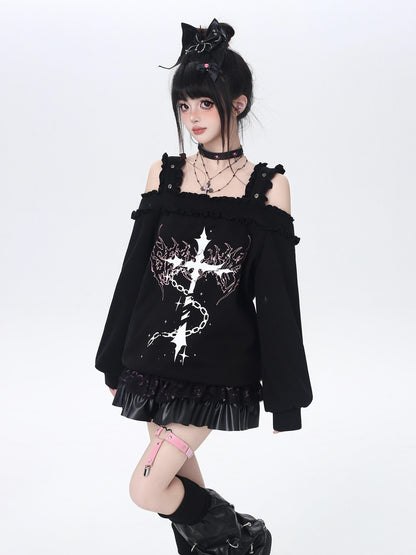 Crazy Girl Subculture Cross Lace Off Shoulder Women&