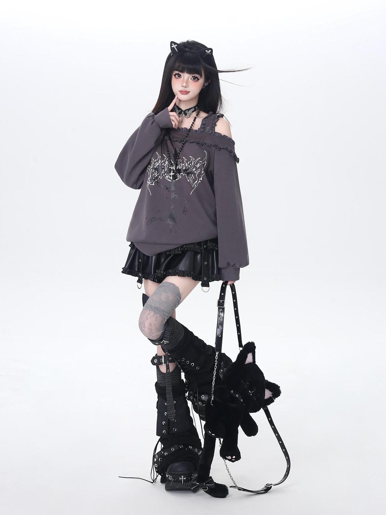 Crazy Girl Subculture Cross Lace Off Shoulder Women&