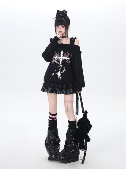 Crazy Girl Subculture Cross Lace Off Shoulder Women&