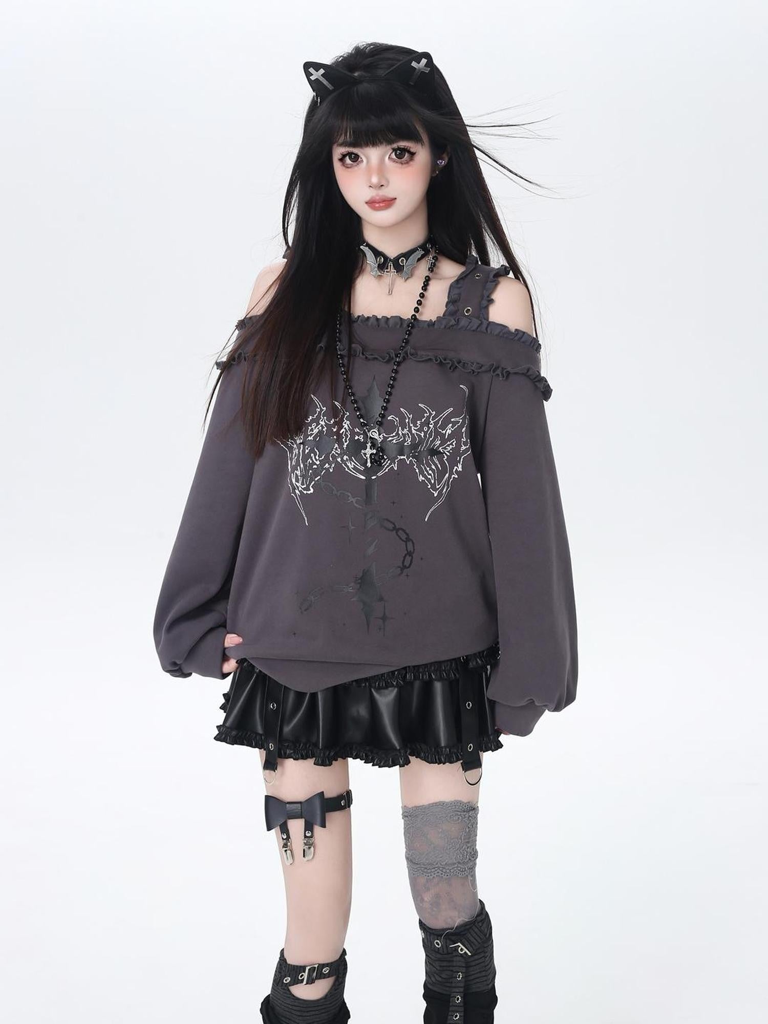 Crazy Girl Subculture Cross Lace Off Shoulder Women&