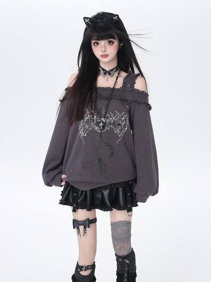 Crazy Girl Subculture Cross Lace Off Shoulder Women&