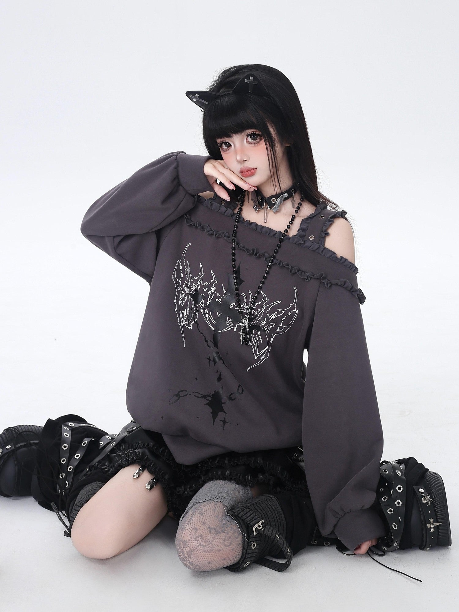 Crazy Girl Subculture Cross Lace Off Shoulder Women&