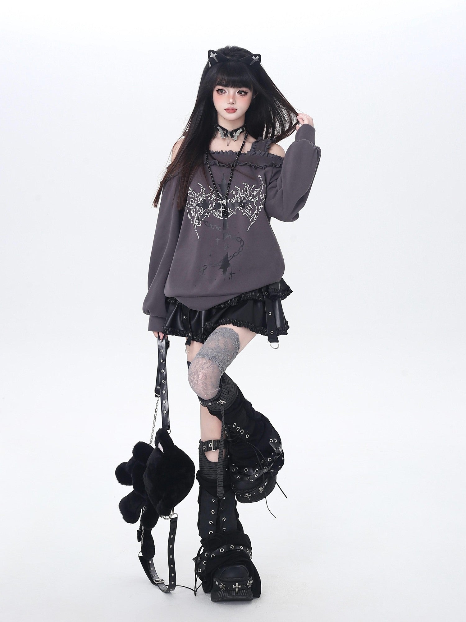 Crazy Girl Subculture Cross Lace Off Shoulder Women&