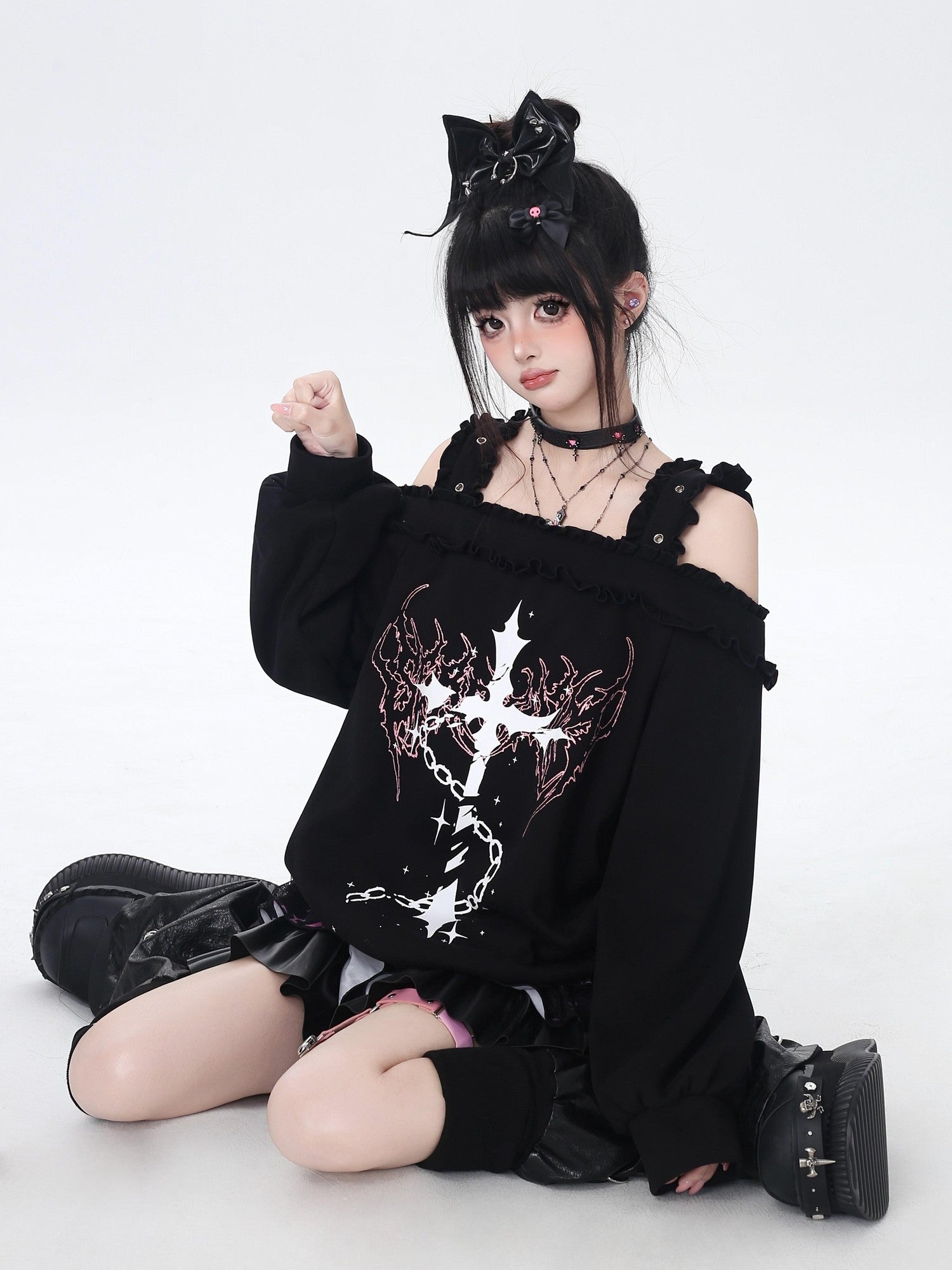 Crazy Girl Subculture Cross Lace Off Shoulder Women&
