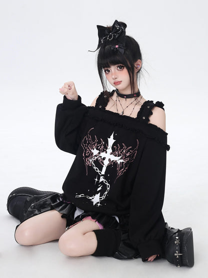 Crazy Girl Subculture Cross Lace Off Shoulder Women&