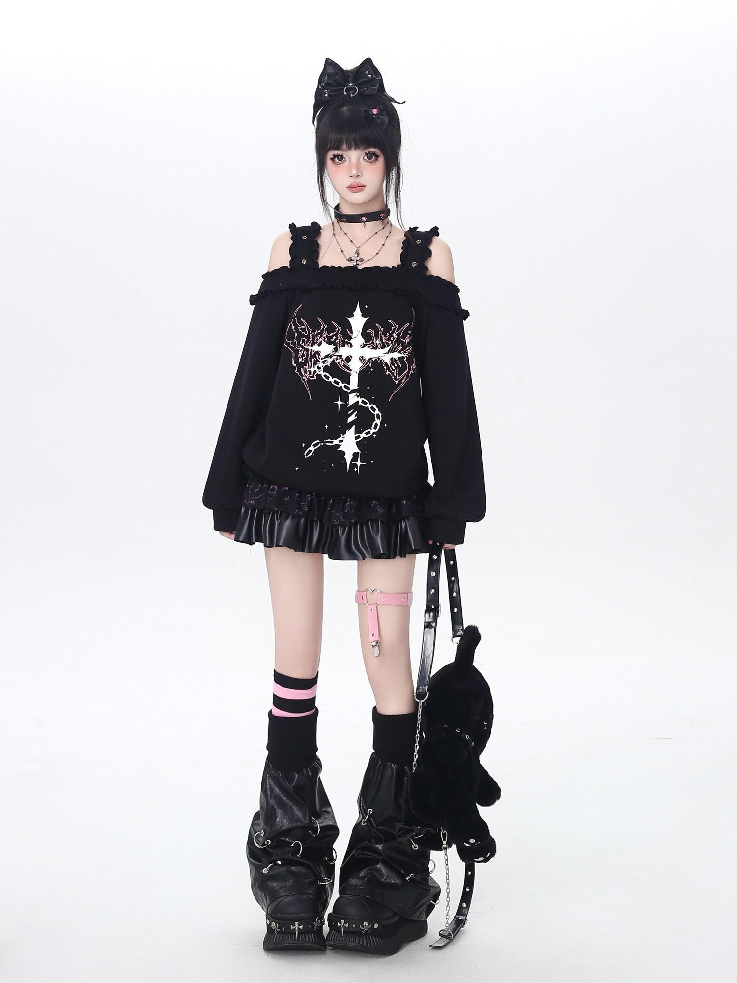 Crazy Girl Subculture Cross Lace Off Shoulder Women&