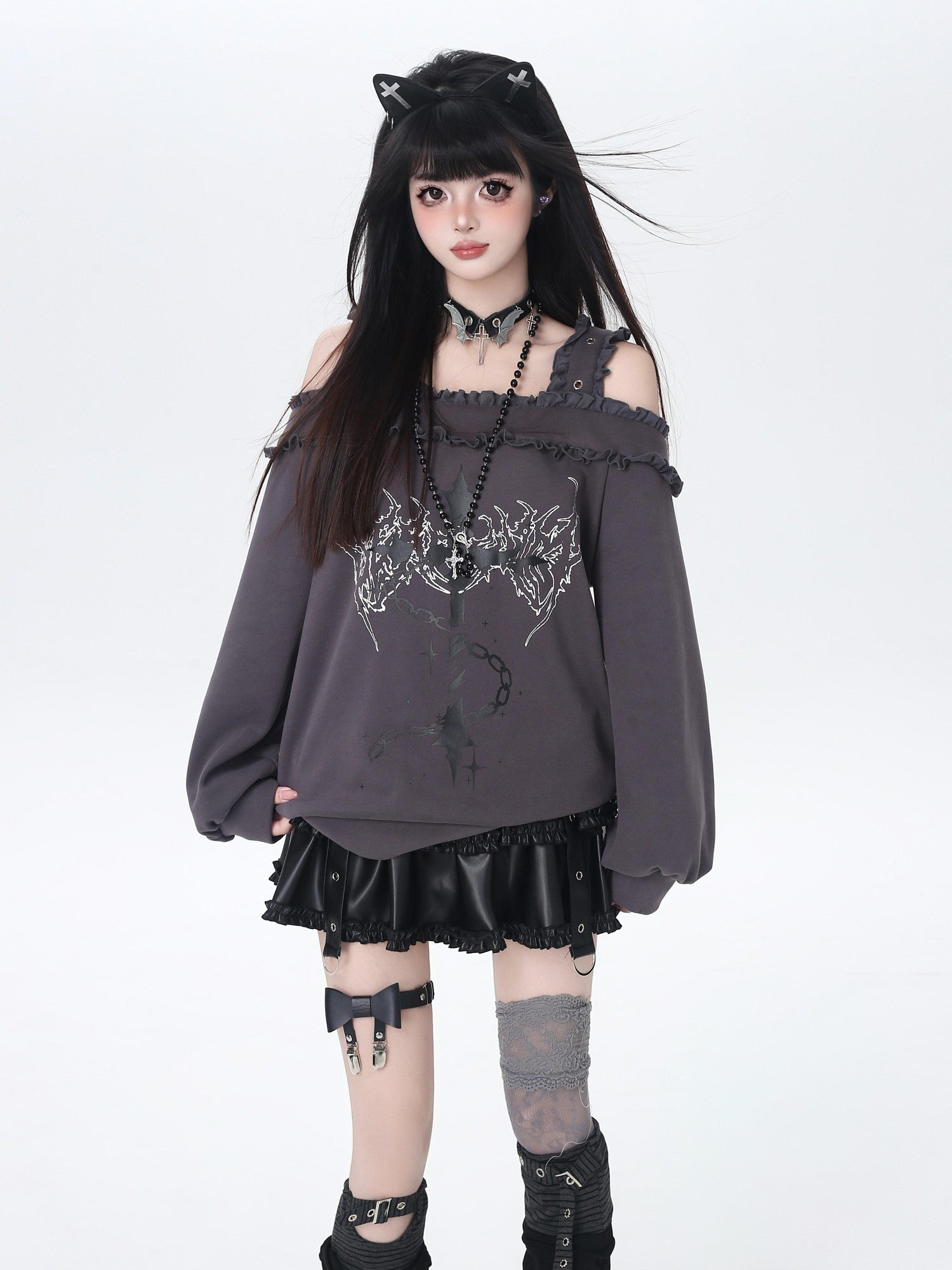 Crazy Girl Subculture Cross Lace Off Shoulder Women&