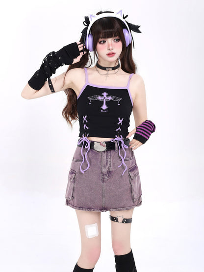 Crazy Girl Subculture Goth Lace Up Strappy Cropped Women&