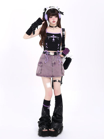 Crazy Girl Subculture Goth Lace Up Strappy Cropped Women&