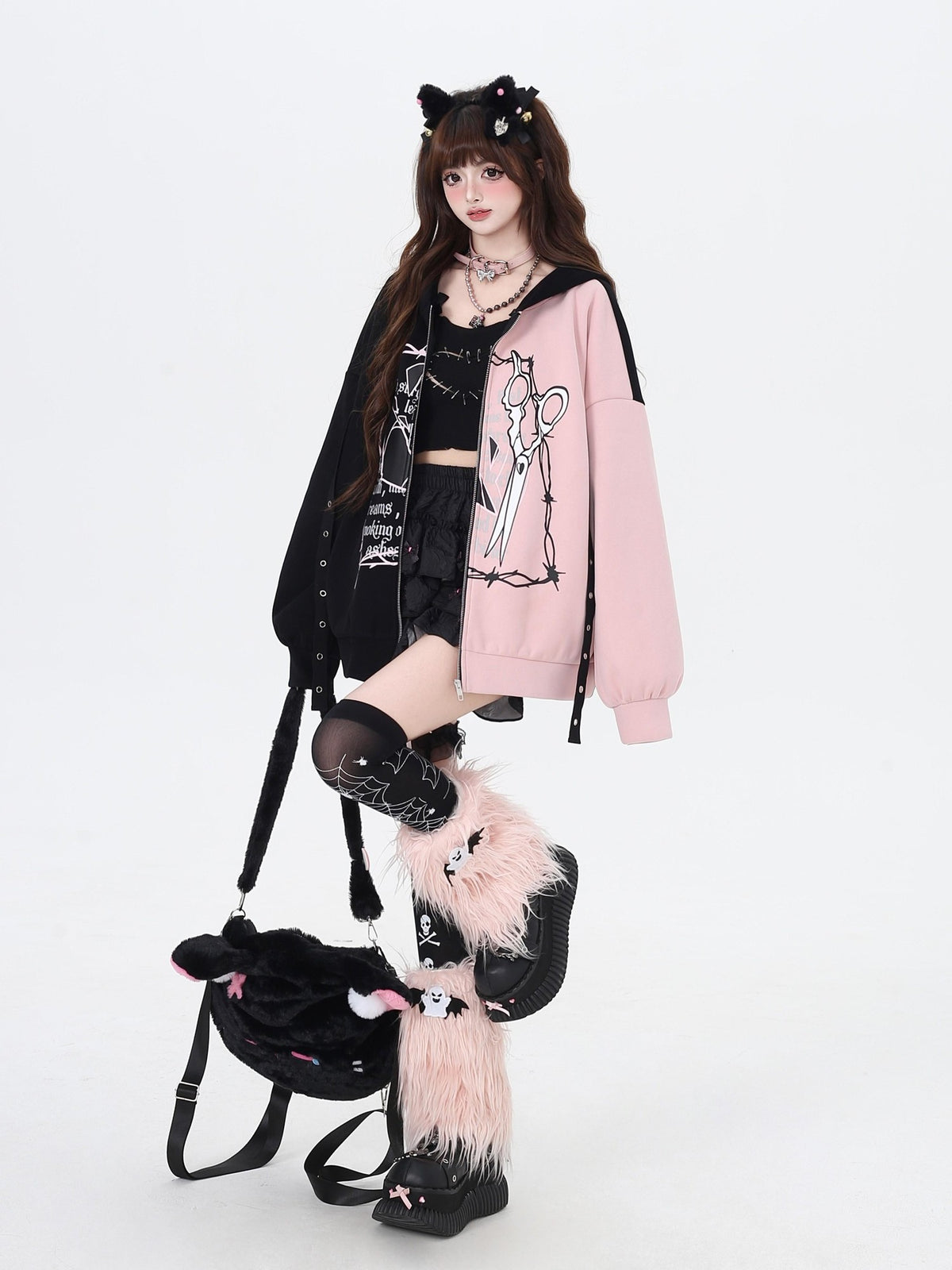 Crazy Girl Sweet Cool Colorblock Hooded Loose Fleece Lined Women&